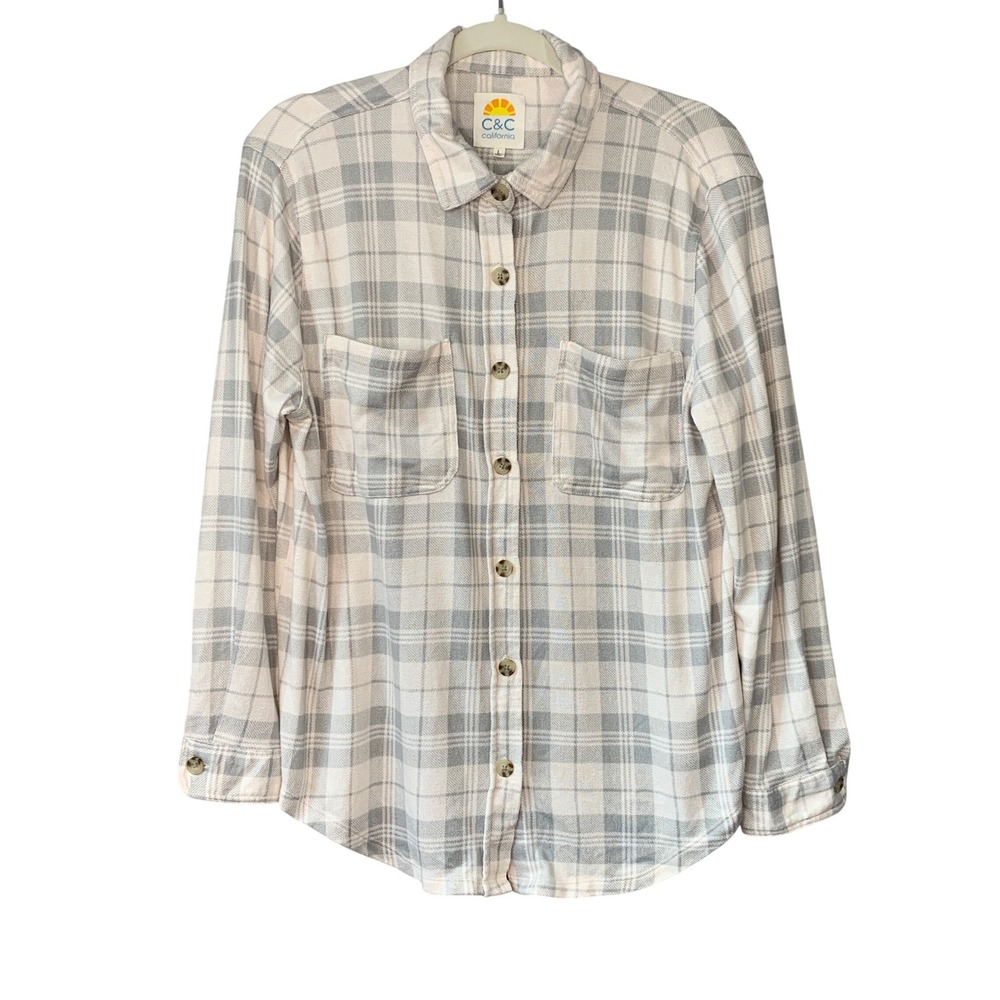 C&C‎ California Womens Flannel Shirt Gray White Plaid Long Sleeve Size L